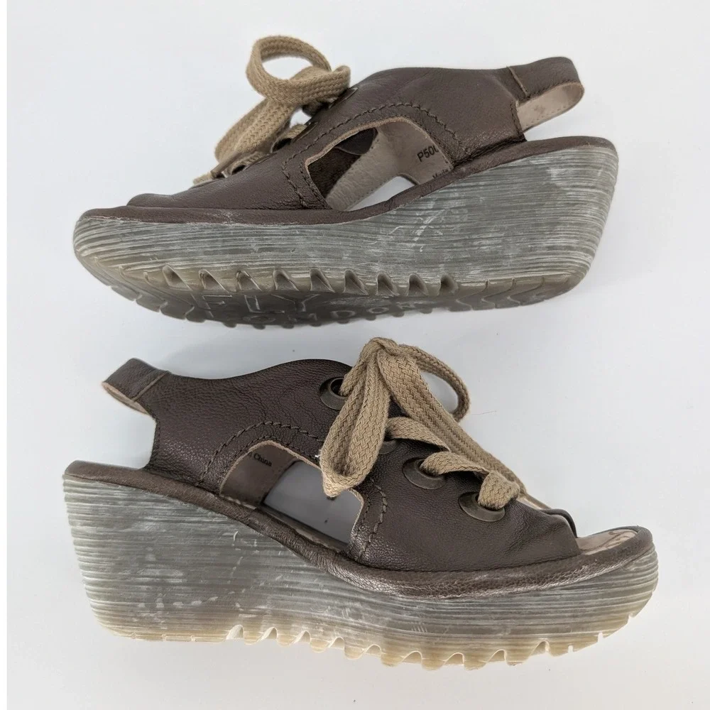 Fly London Ylfa Wedge Sandals 37 Brown Leather Lace Up Platform Boho Minimalist